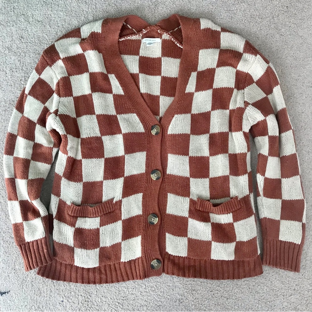 American Eagle Checker Checkerboard Cardigan Sweater